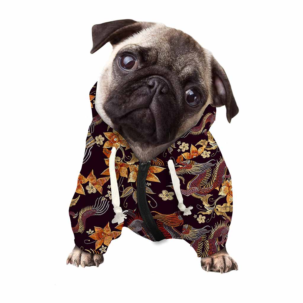 Vintage Dragon Flower Pattern Print Dog Zip Up Hoodie