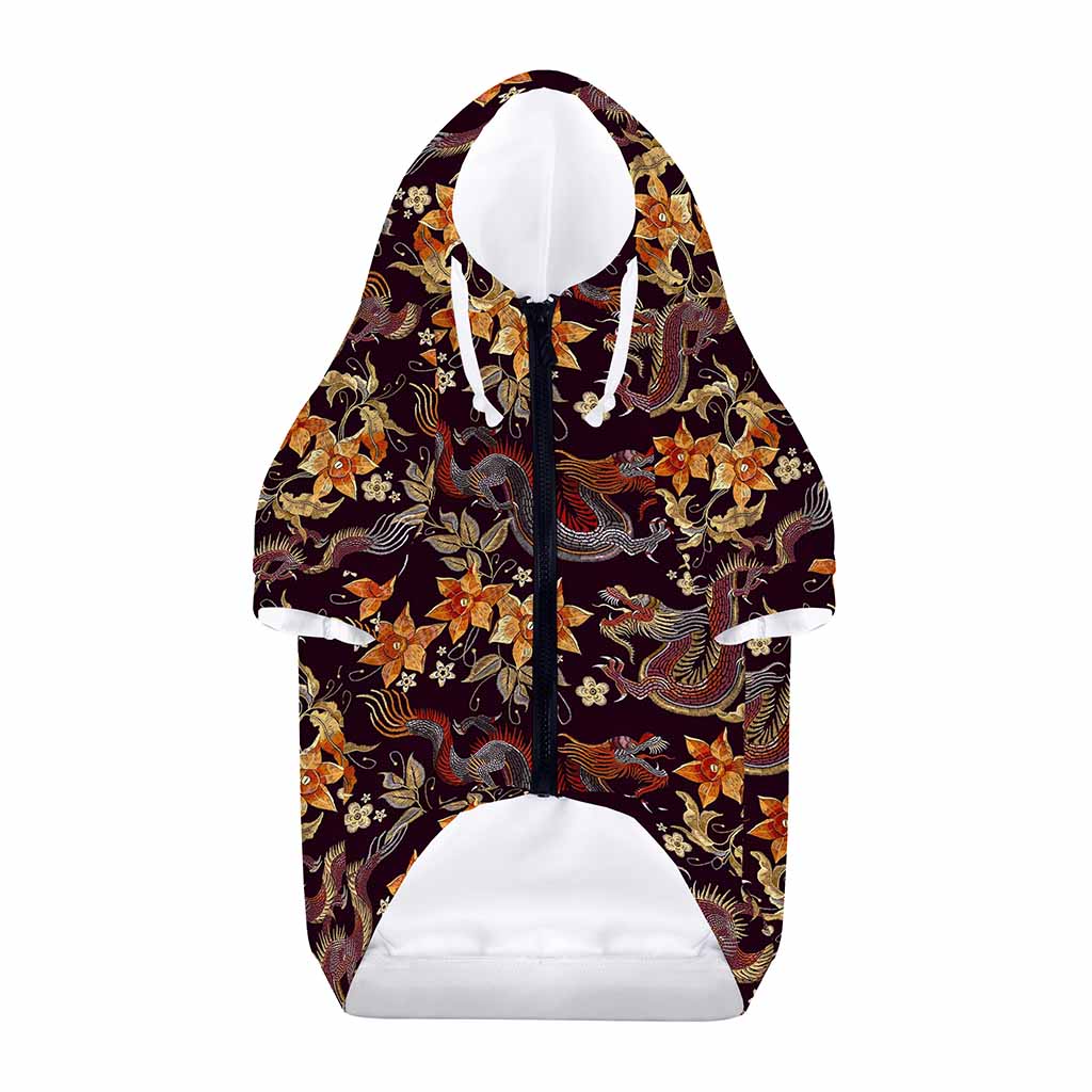 Vintage Dragon Flower Pattern Print Dog Zip Up Hoodie