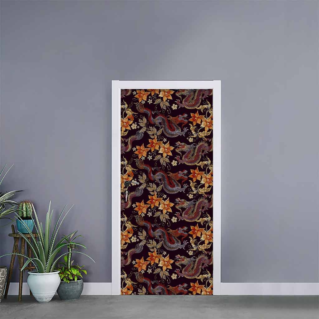 Vintage Dragon Flower Pattern Print Door Sticker