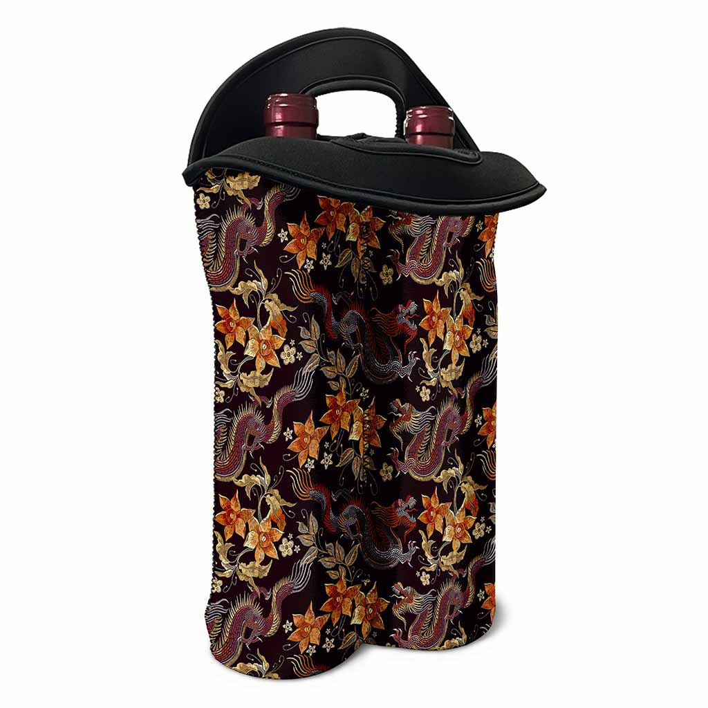 Vintage Dragon Flower Pattern Print Double Neoprene Wine Tote