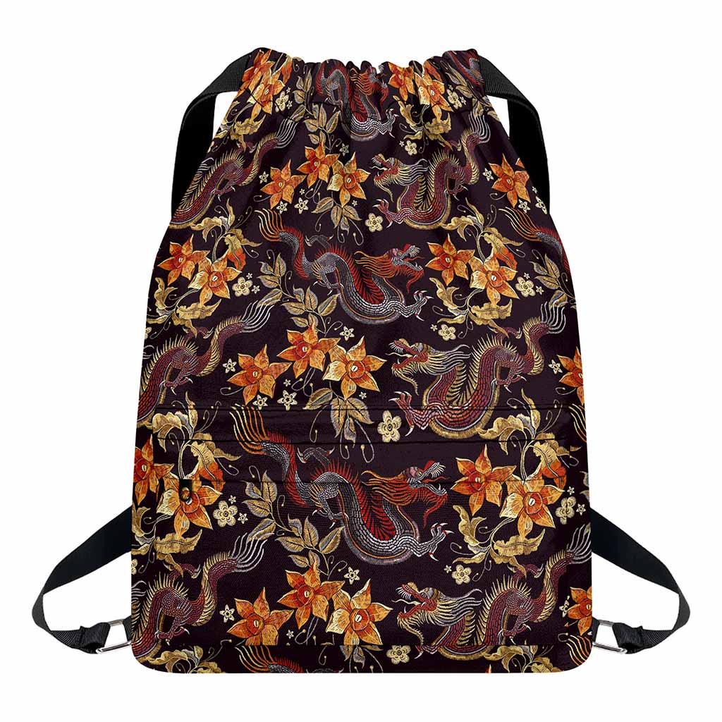 Vintage Dragon Flower Pattern Print Drawstring Backpack