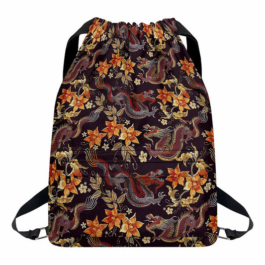 Vintage Dragon Flower Pattern Print Drawstring Backpack