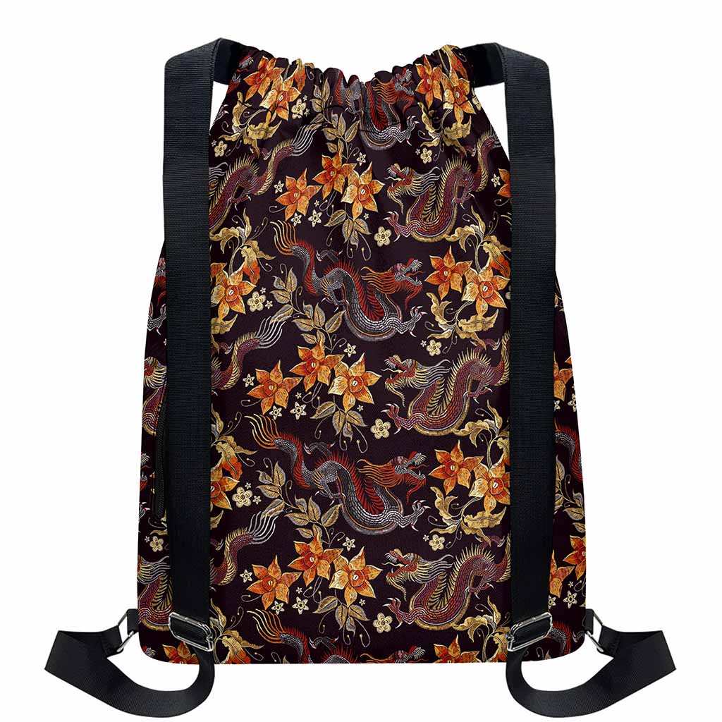 Vintage Dragon Flower Pattern Print Drawstring Backpack