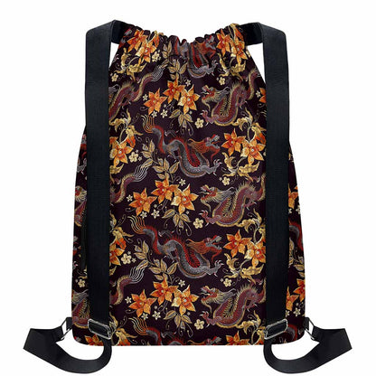 Vintage Dragon Flower Pattern Print Drawstring Backpack