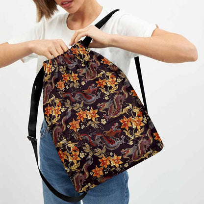Vintage Dragon Flower Pattern Print Drawstring Backpack