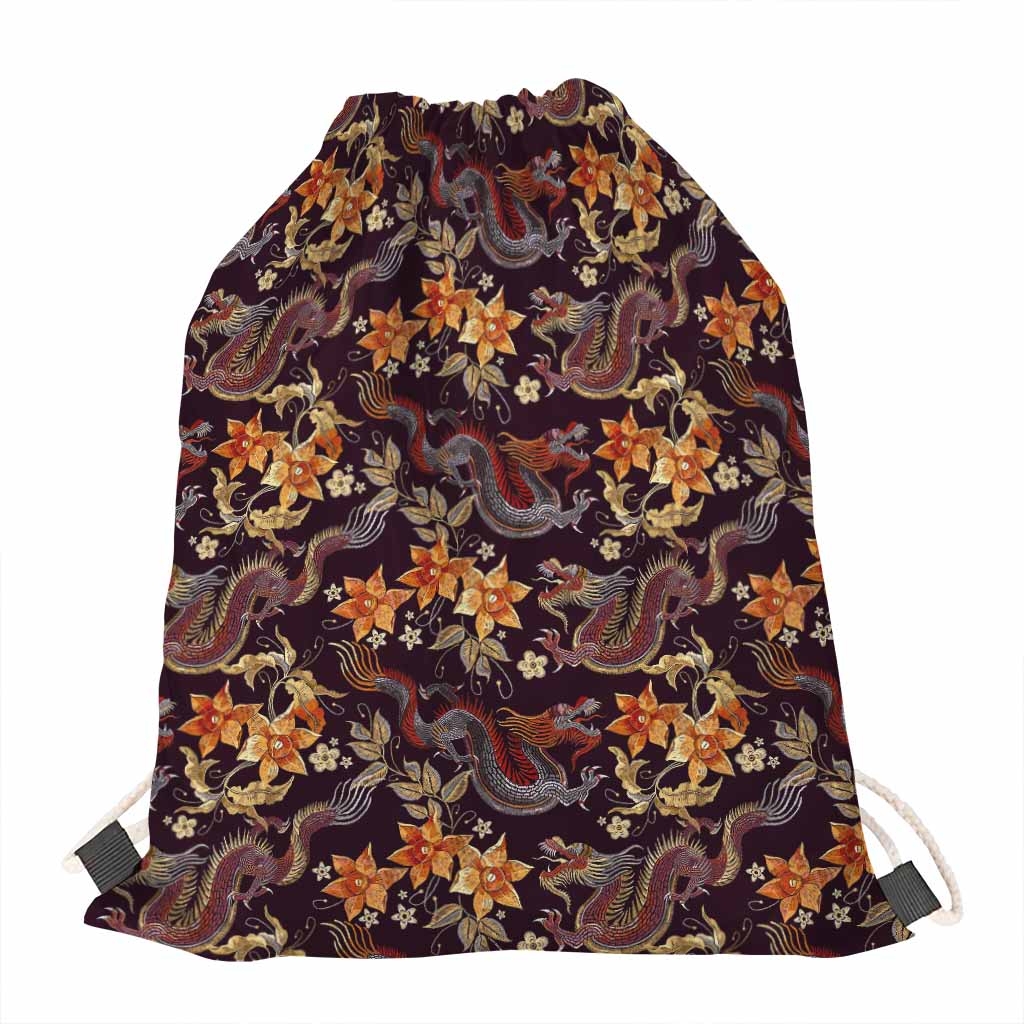 Vintage Dragon Flower Pattern Print Drawstring Bag