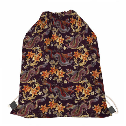 Vintage Dragon Flower Pattern Print Drawstring Bag