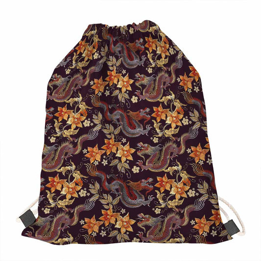 Vintage Dragon Flower Pattern Print Drawstring Bag