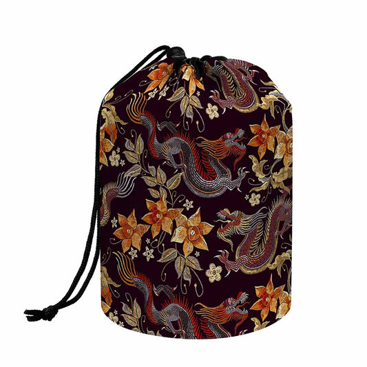 Vintage Dragon Flower Pattern Print Drawstring Makeup Bag