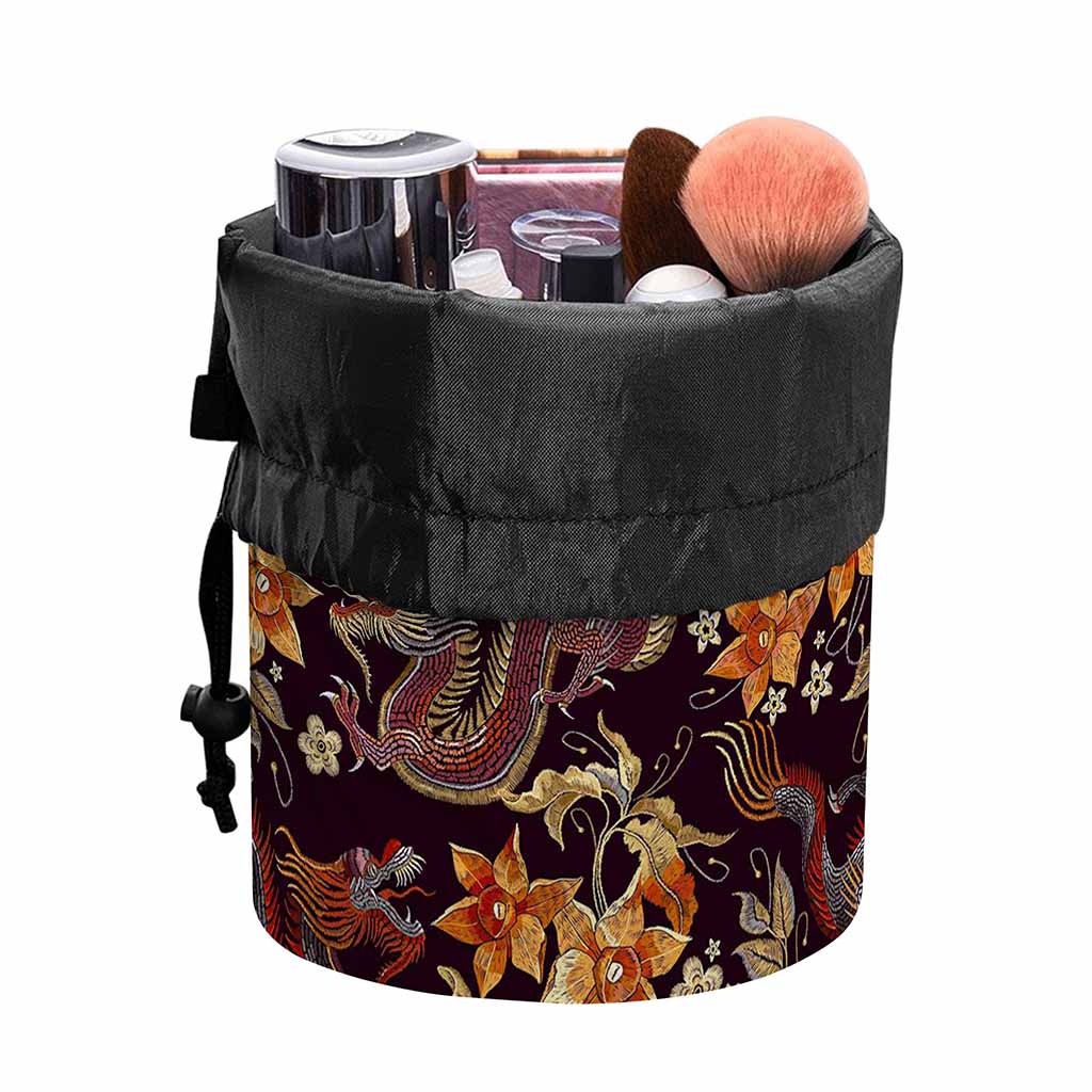 Vintage Dragon Flower Pattern Print Drawstring Makeup Bag