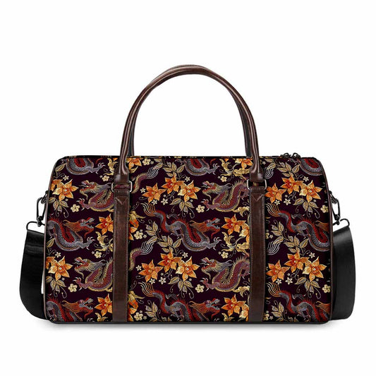 Vintage Dragon Flower Pattern Print Duffle Bag