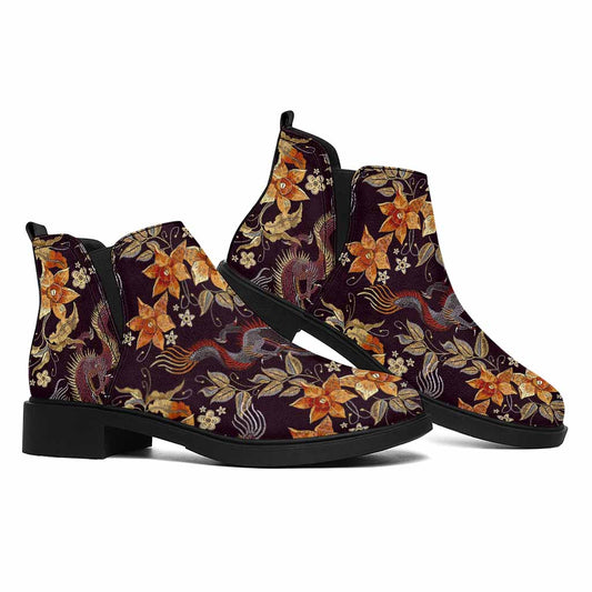 Vintage Dragon Flower Pattern Print Flat Ankle Boots