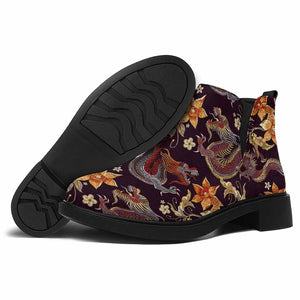 Vintage Dragon Flower Pattern Print Flat Ankle Boots
