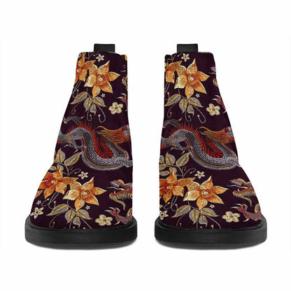 Vintage Dragon Flower Pattern Print Flat Ankle Boots