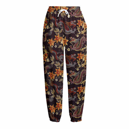 Vintage Dragon Flower Pattern Print Fleece Lined Knit Pants