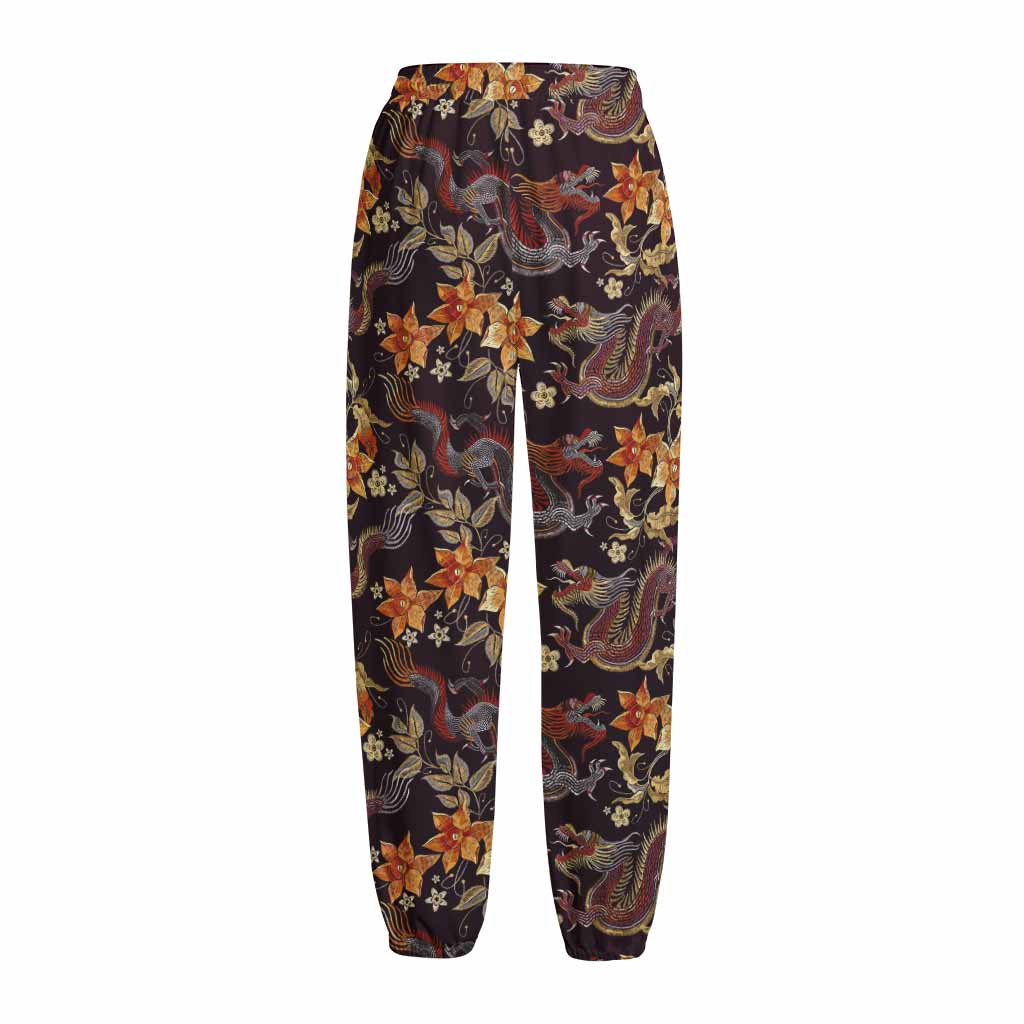 Vintage Dragon Flower Pattern Print Fleece Lined Knit Pants