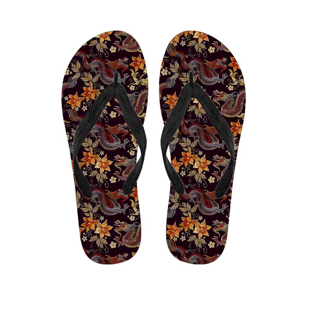 Vintage Dragon Flower Pattern Print Flip Flops