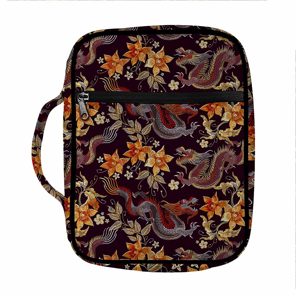 Vintage Dragon Flower Pattern Print Front Pocket Bible Bag