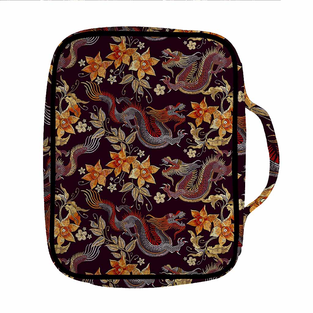 Vintage Dragon Flower Pattern Print Front Pocket Bible Bag