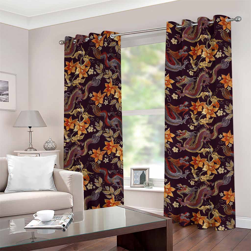 Vintage Dragon Flower Pattern Print Grommet Curtains