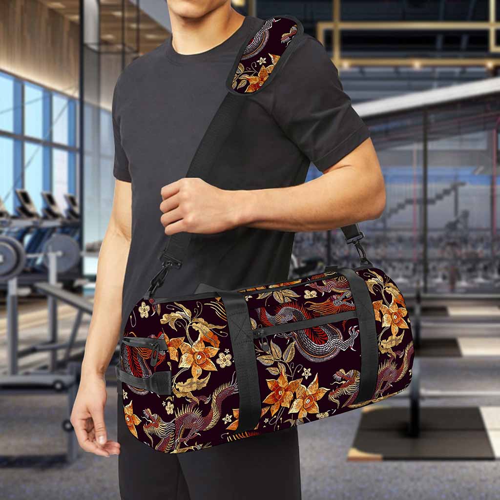 Vintage Dragon Flower Pattern Print Gym Bag