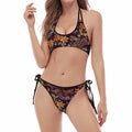 Vintage Dragon Flower Pattern Print Halter Scoop Tie Side Bikini