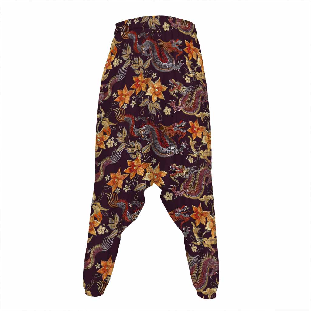 Vintage Dragon Flower Pattern Print Hammer Pants