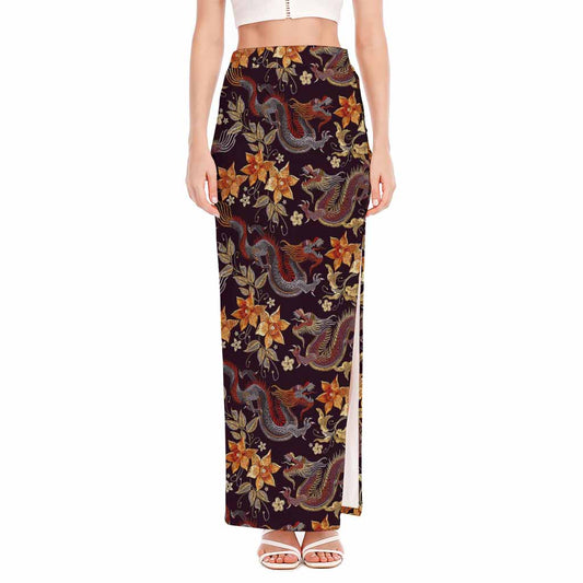 Vintage Dragon Flower Pattern Print High Slit Maxi Skirt