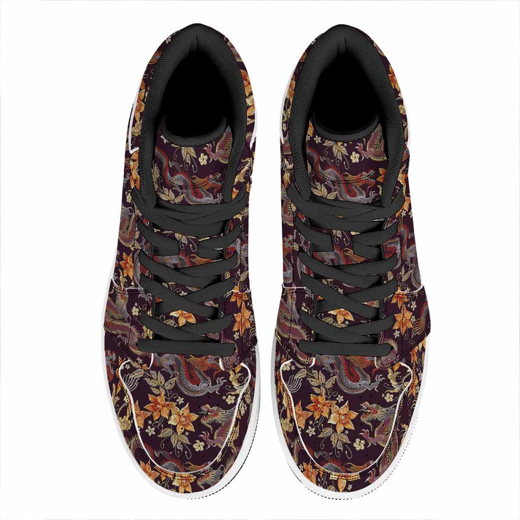 Vintage Dragon Flower Pattern Print High Top Leather Sneakers