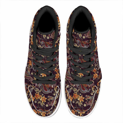 Vintage Dragon Flower Pattern Print High Top Leather Sneakers