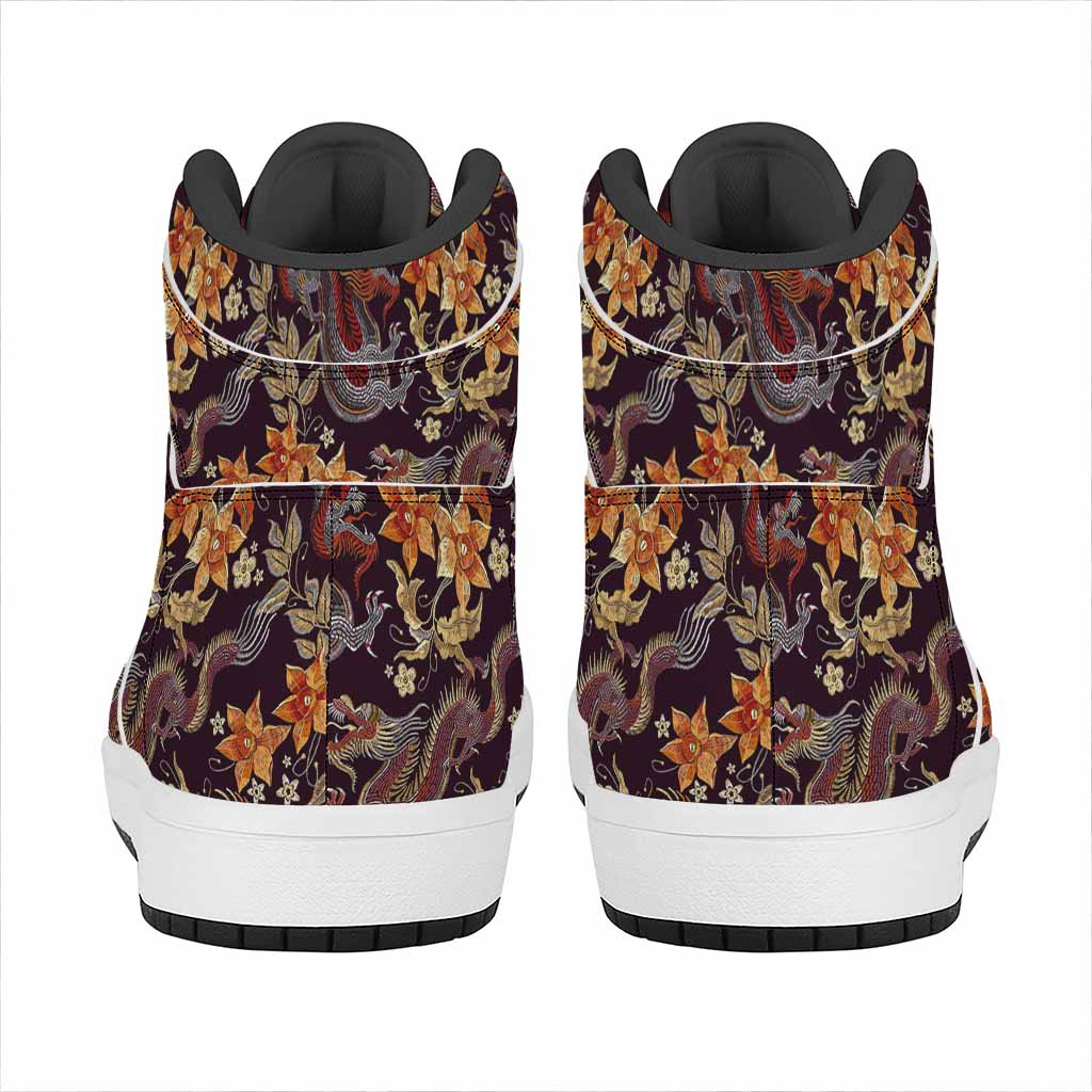 Vintage Dragon Flower Pattern Print High Top Leather Sneakers