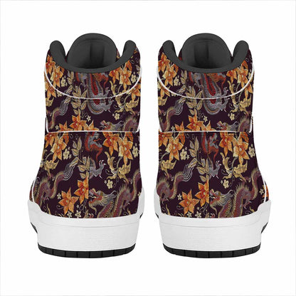 Vintage Dragon Flower Pattern Print High Top Leather Sneakers