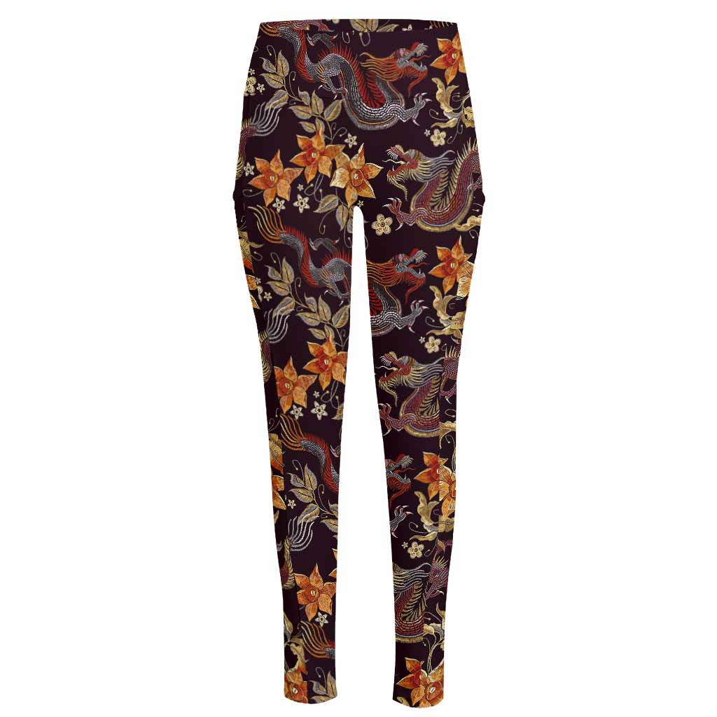 Vintage Dragon Flower Pattern Print High-Waisted Pocket Leggings