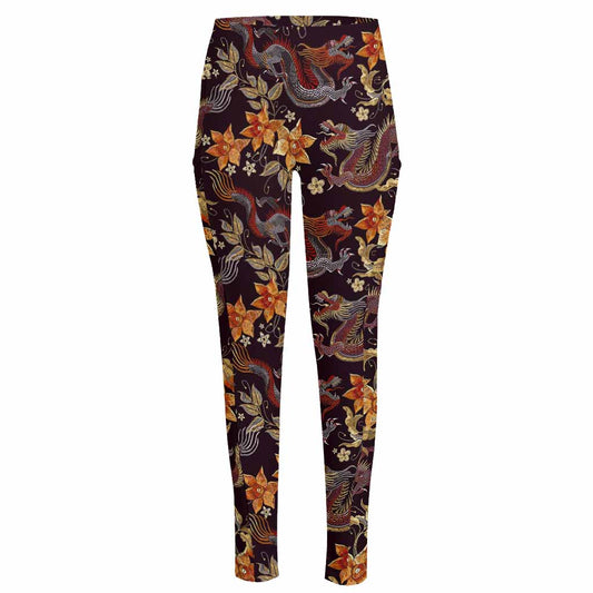 Vintage Dragon Flower Pattern Print High-Waisted Pocket Leggings
