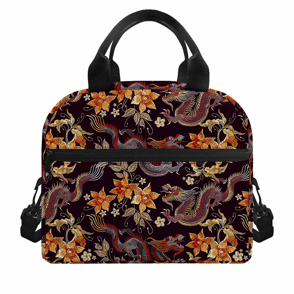 Vintage Dragon Flower Pattern Print Insulated Lunch Bag