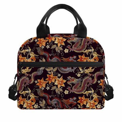 Vintage Dragon Flower Pattern Print Insulated Lunch Bag