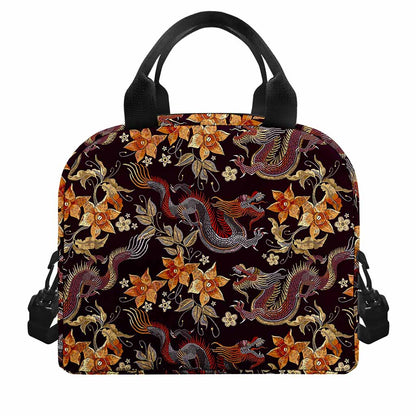 Vintage Dragon Flower Pattern Print Insulated Lunch Bag