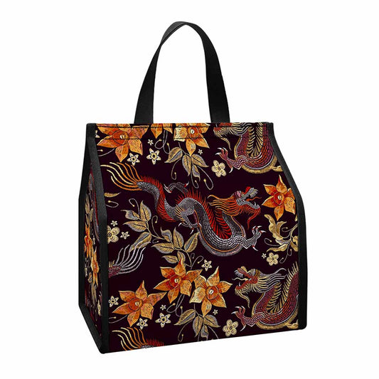 Vintage Dragon Flower Pattern Print Insulated Lunch Tote