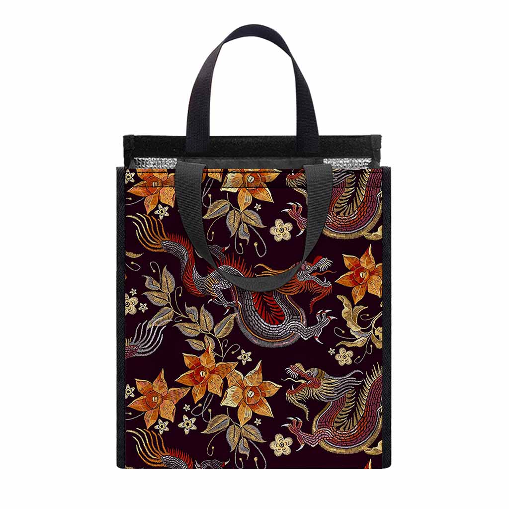 Vintage Dragon Flower Pattern Print Insulated Lunch Tote