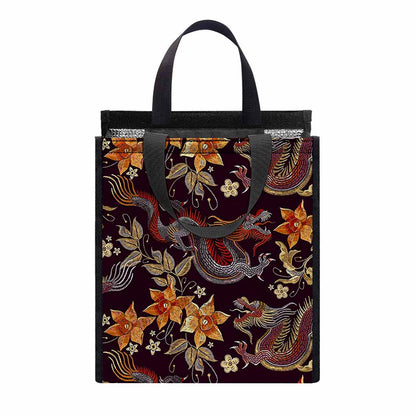 Vintage Dragon Flower Pattern Print Insulated Lunch Tote