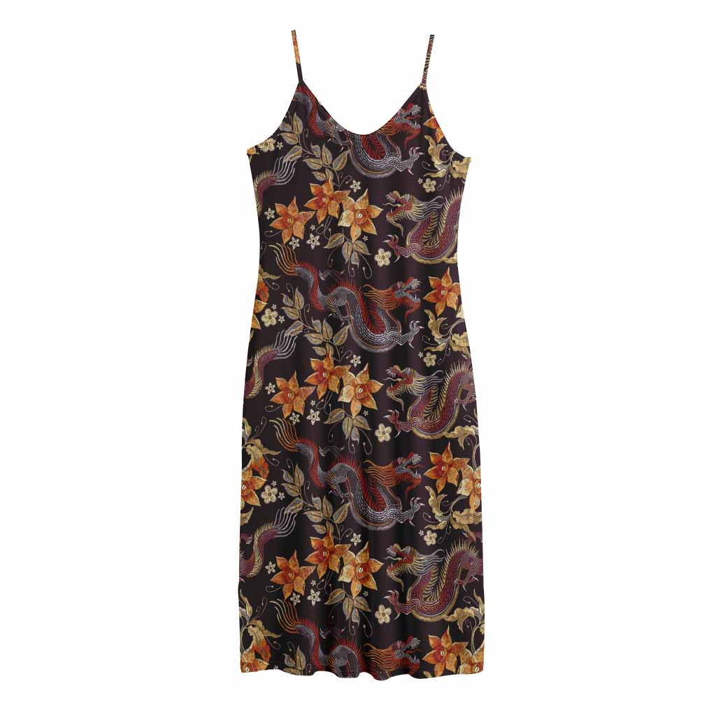 Vintage Dragon Flower Pattern Print Jersey Midi Cami Dress