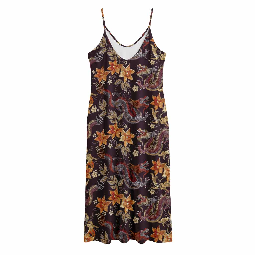 Vintage Dragon Flower Pattern Print Jersey Midi Cami Dress