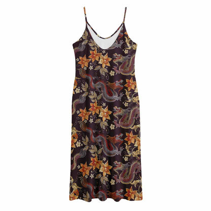 Vintage Dragon Flower Pattern Print Jersey Midi Cami Dress
