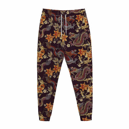 Vintage Dragon Flower Pattern Print Jogger Pants