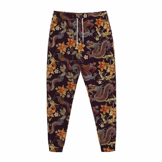 Vintage Dragon Flower Pattern Print Jogger Pants