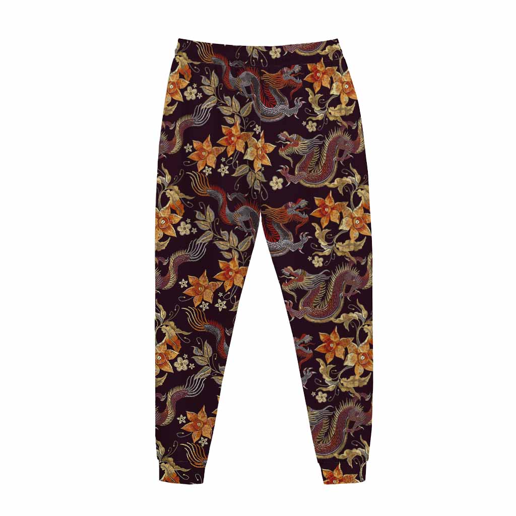Vintage Dragon Flower Pattern Print Jogger Pants