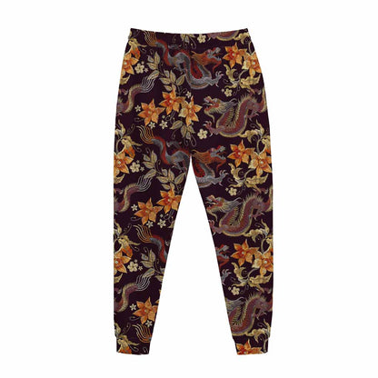 Vintage Dragon Flower Pattern Print Jogger Pants