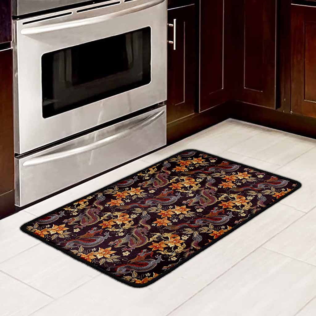 Vintage Dragon Flower Pattern Print Kitchen Mat