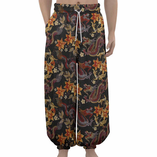 Vintage Dragon Flower Pattern Print Lantern Pants