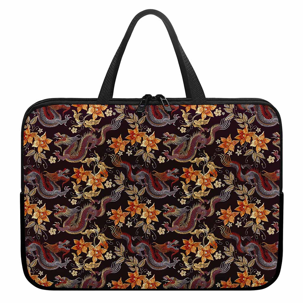 Vintage Dragon Flower Pattern Print Laptop Sleeve With Handle